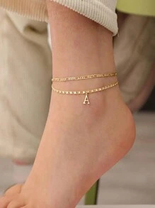 2 peças Pulseiras de Tornozeleira com Letras Iniciais das Mulheres Banhadas a Ouro 14K, Correntes de Pé Impermeáveis em Camadas, Presentes de Jóias de Verão Para Meninas e Mulheres