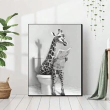 Quadro decorativo de parede para banheiro sem moldura com girafa, tela com imagens engraçadas de animais lendo jornal no banheiro, pôster em preto e branco, ideal para presentes de aniversário e formatura. - Multicolorido - Ver 3