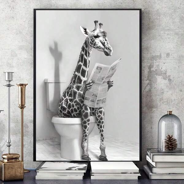canevas d'art mural sans cadre pour salle de bains d'enfant avec girafe, images de salle de bains drôles d'animaux lisant le journal aux toilettes, art mural noir et noir