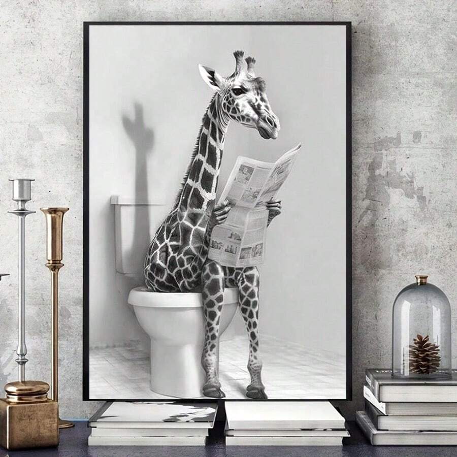 Quadro decorativo de parede para banheiro sem moldura com girafa, tela com imagens engraçadas de animais lendo jornal no banheiro, pôster em preto e branco, ideal para presentes de aniversário e formatura. - Multicolorido - Ver 1