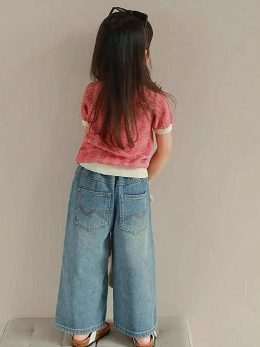 1pc Casual Soft & Comfortable Wide Leg Straight Blue Denim Jeans, High