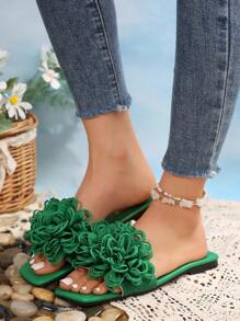 Women's Plus Size Comfortable Simple Flat Sandals With Square Toe, Big Flowers And Strap, Casual And Fashionable Shoes For Summer Beach Outfits