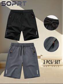2pcs Set Men's Casual Drawstring Quick-Dry Hiking Shorts, Loose Straight Leg Cargo Pants, Summer - Multicolor - View 1