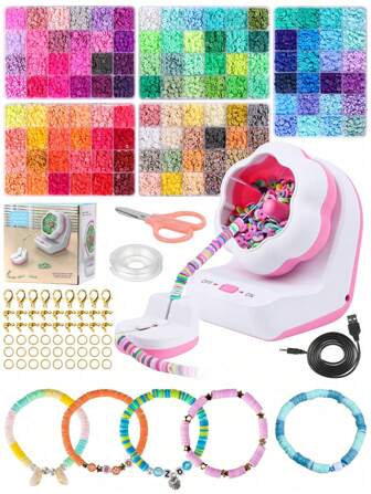 2400顆粘土珠子陶瓷珠子手工鐵雕套裝，包括一個電動旋轉工具，24種顏色的粘土珠子和手鍊、項鍊和腰珠製作配件，裝在禮盒中