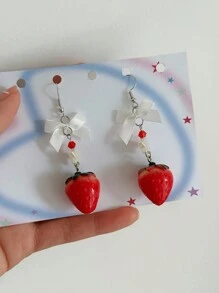 1pair Handmade Y2K Star, Bow, Strawberry Shaped Pendant Earrings, Suitable For Women To Wear As Aesthetic Jewelry Accessories, A Delicate Gift For Family