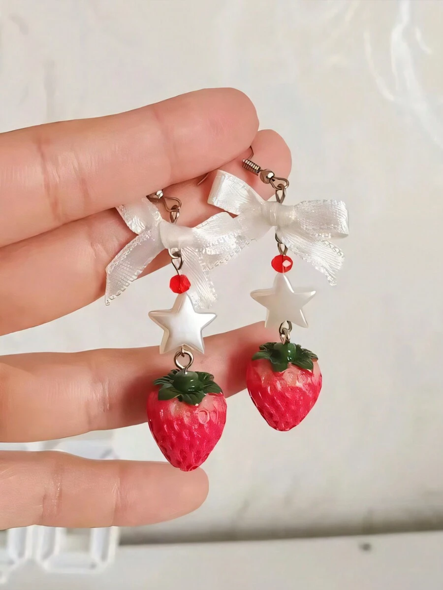 1pair Handmade Y2K Star, Bow, Strawberry Shaped Pendant Earrings, Suitable For Women To Wear As Aesthetic Jewelry Accessories, A Delicate Gift For Family