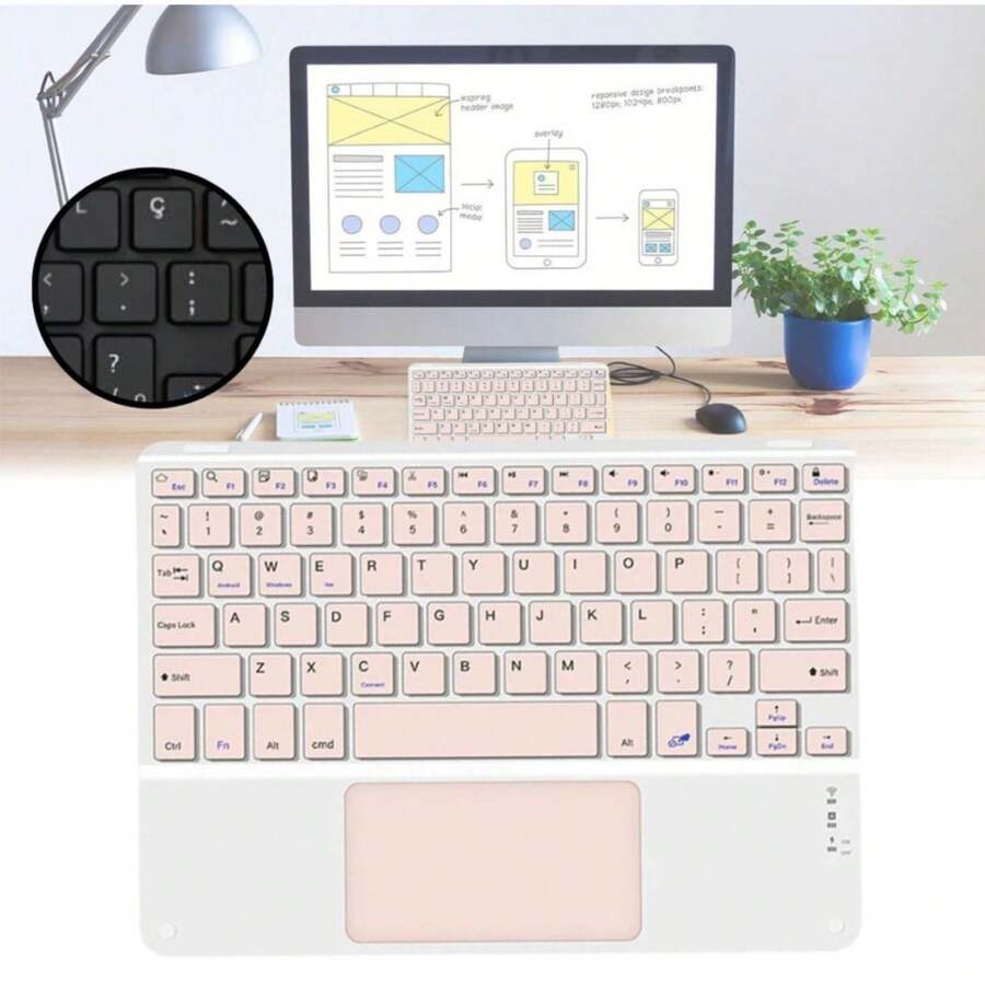 Teclado Bluetooth Chave Redonda Sem Fio Com Touch Para Celular/Tablet/Laptop - Rosa chiclete - Visão 1