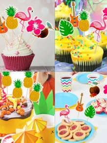 6/12/24/30/60 piezas de adornos para cupcakes hawaianos con flamencos, piñas, hojas de palma y palillos para decoración de tartas de cumpleaños de playa veraniega tropical - Multicolor - Ver 6