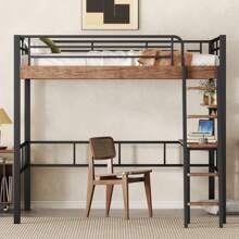 MISSUNNY Metal Full Size Loft Bed With Built-In Desk, Storage Shelf And Ladder, Black - Black - View 1