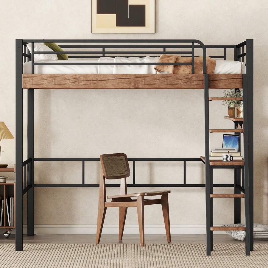 MISSUNNY Metal Full Size Loft Bed With Built-In Desk, Storage Shelf And Ladder, Black - Black - View 1