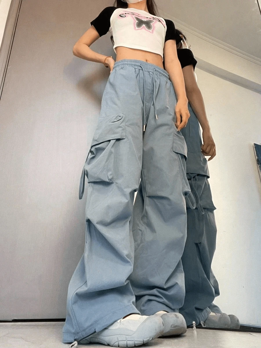 Pantalones Cargo para mujer ropa de calle de cintura alta chándal holgados con cordón y bolsillos grandes de informales - Azul - Ver 1