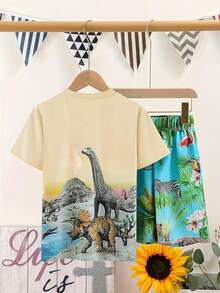 10-16歲男童恐龍世界圖案短袖T恤和短褲套裝，酷炫帥氣風，2024年夏季 - 杏色 - 查看 2