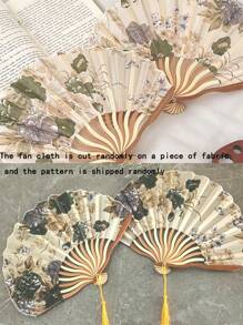 Random 1pc Chinese Style Ink Painting Folding Fan, Portable Handheld Fan With Seashell Decor, For Summer And Traditional Costume