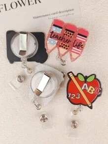 1pc Retractable ID Badge Holder With Letter, Teacher, Apple, Pen, Coffee Elements, Suitable As Teacher Gift Or Student Daily Wear