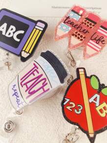 1pc Retractable ID Badge Holder With Letter, Teacher, Apple, Pen, Coffee Elements, Suitable As Teacher Gift Or Student Daily Wear
