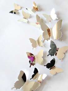 12pcs 3D Mirror Butterfly Sticker, PVC Wall Art Decoration, For Home Decor - Silver - View 1