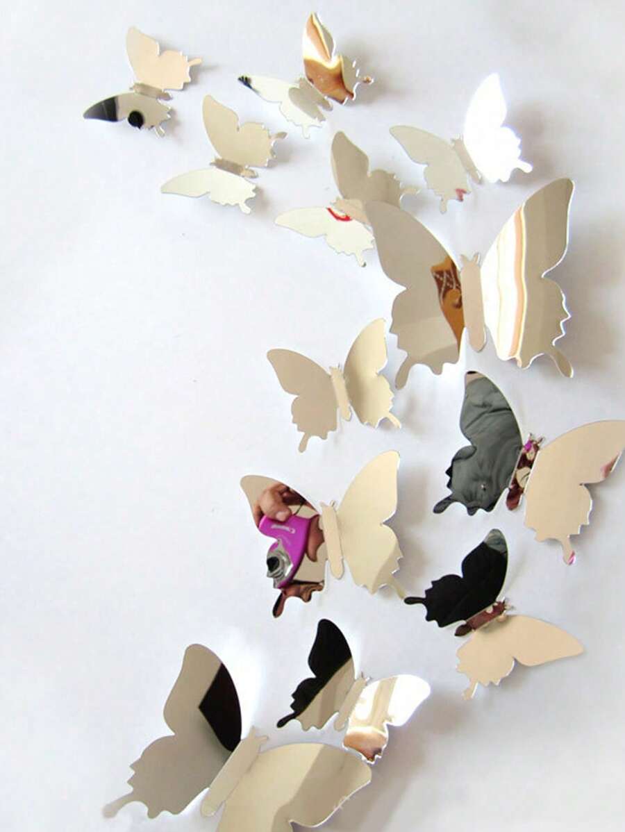 12pcs 3D Mirror Butterfly Sticker, PVC Wall Art Decoration, For Home Decor - Silver - View 1
