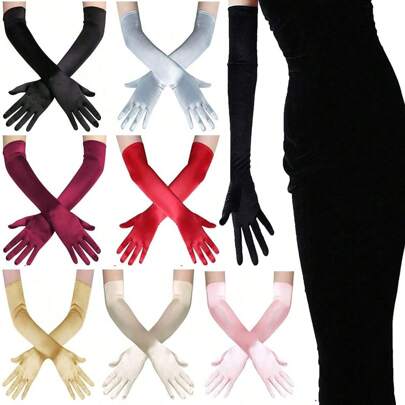1 Par/3 Pares/12 Pares Guantes de satén elástico de color block hasta el codo para mujer, guantes de novia para boda, guantes de decoración para mano para fiesta de té de Kentucky Derby, Halloween