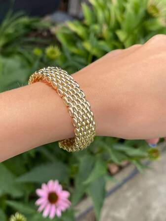 1入經典手編網狀彈力金屬手鐲，適用於日常、派對、送禮