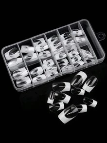 Caja de 120 piezas Uñas postizas francesas acrílicas de mediana longitud con forma cuadrada, de cobertura completa. Uñas postizas de presión mixtas removibles, suministros para uñas - Blanco - Ver 4
