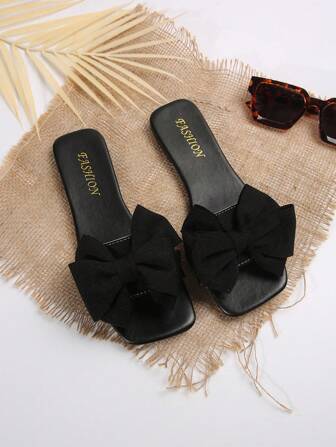 Women Large Size Comfortable And Simple Bowknot Open Toe Square Toe Flat Slippers, Summer Beach Sandals, Casual Fashion Outdoor Wear Valentines
