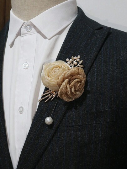 1pc Rhinestone Decorated Groom & Bride Wedding Boutonniere, Father Mother Bridal Party Accessories Valentines
