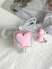6pcs Apple Charger Protector Set (Data Cable, Wired Earphones, Wireless Earphones) & EVA Storage Bag Cable Organizer - Pink - View 4