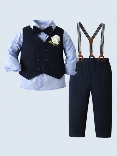 BOARNSEORL 3pcs Young Boys Gentleman Suit Set: Long Sleeve Shirt, Vest And Pants, Fashion Stylish Outfit For Birthday Party, Dinner, Wedding, Pageboy Formal Wear