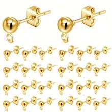 40 Pieces Ball Post Earring Studs Kit, Including 20pcs Hypoallergenic Ball Post Earring Studs With Loop, 20pcs Butterfly Earring Backs, For Jewelry Making(Gold)