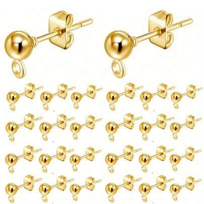 40 Pieces Ball Post Earring Studs Kit, Including 20pcs Hypoallergenic Ball Post Earring Studs With Loop, 20pcs Butterfly Earring Backs, For Jewelry Making(Gold)