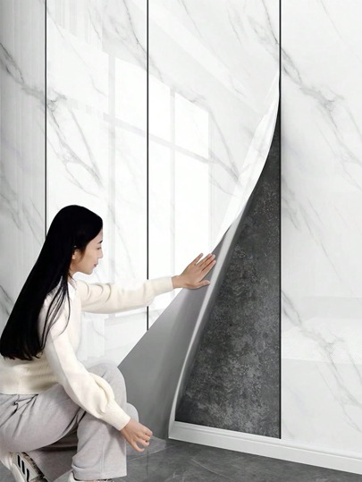 1 rolo de 1,2㎡ adesivo de parede de azulejo de mármore falso de PVC, superfície brilhante 3D à prova d'água, placa de plástico de alumínio para banheiro, cozinha, sala de estar, fundo de TV, papel de parede autoadesivo