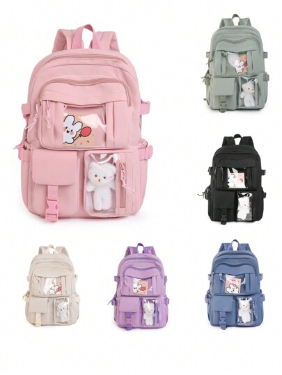 New Cute Kawaii Simple Solid Color Backpack, Multi-Pocket Multi-Function With Bear Pendant, Suitable For Back To School Season, Nylon Material Double Zipper Lightweight Large Capacity Foldable Bag, Including Backpack And Waist Bag, Very Suitable For Teenagers To Go To School, Daily Travel, Shopping, Travel And Vacation, Etc.