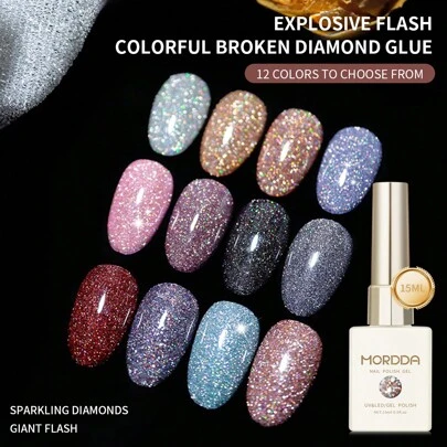 1片装 15毫升 12色闪光片 彩色碎钻凝胶指甲油 可卸除 UV/LED灯指甲油 女士礼物 DIY居家美甲