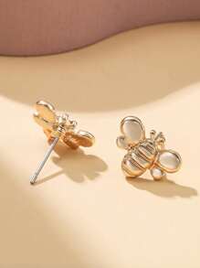 1 par de pendientes de botón de acero inoxidable dorados y divertidos con forma de abeja/insecto para niños, lindo y versátil para joyería de uso diario o en fiestas informales - Amarillo Oro - Ver 2