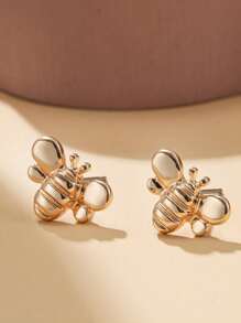 1 par de pendientes de botón de acero inoxidable dorados y divertidos con forma de abeja/insecto para niños, lindo y versátil para joyería de uso diario o en fiestas informales - Amarillo Oro - Ver 3