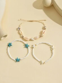 3pcs/Set Fashionable Handmade White Beaded Bracelet With Natural Shell And Starfish Detail For Women, Suitable For Daily And Beach Holiday Wear, Ideal Gift For Friends And Family Birthday