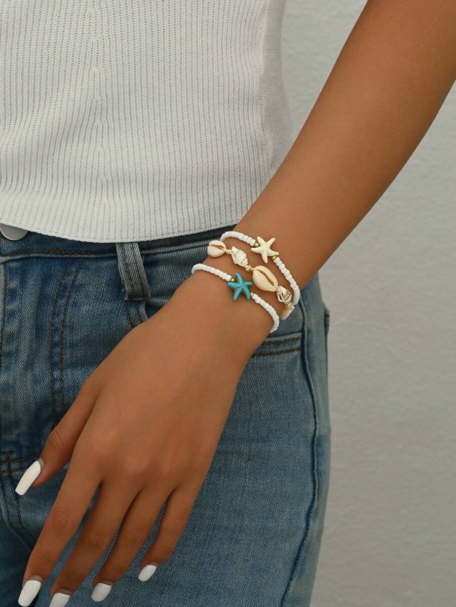 3pcs/Set Fashionable Handmade White Beaded Bracelet With Natural Shell And Starfish Detail For Women, Suitable For Daily And Beach Holiday Wear, Ideal Gift For Friends And Family Birthday