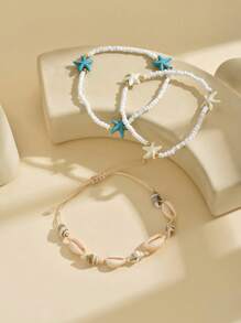 3pcs/Set Fashionable Handmade White Beaded Bracelet With Natural Shell And Starfish Detail For Women, Suitable For Daily And Beach Holiday Wear, Ideal Gift For Friends And Family Birthday