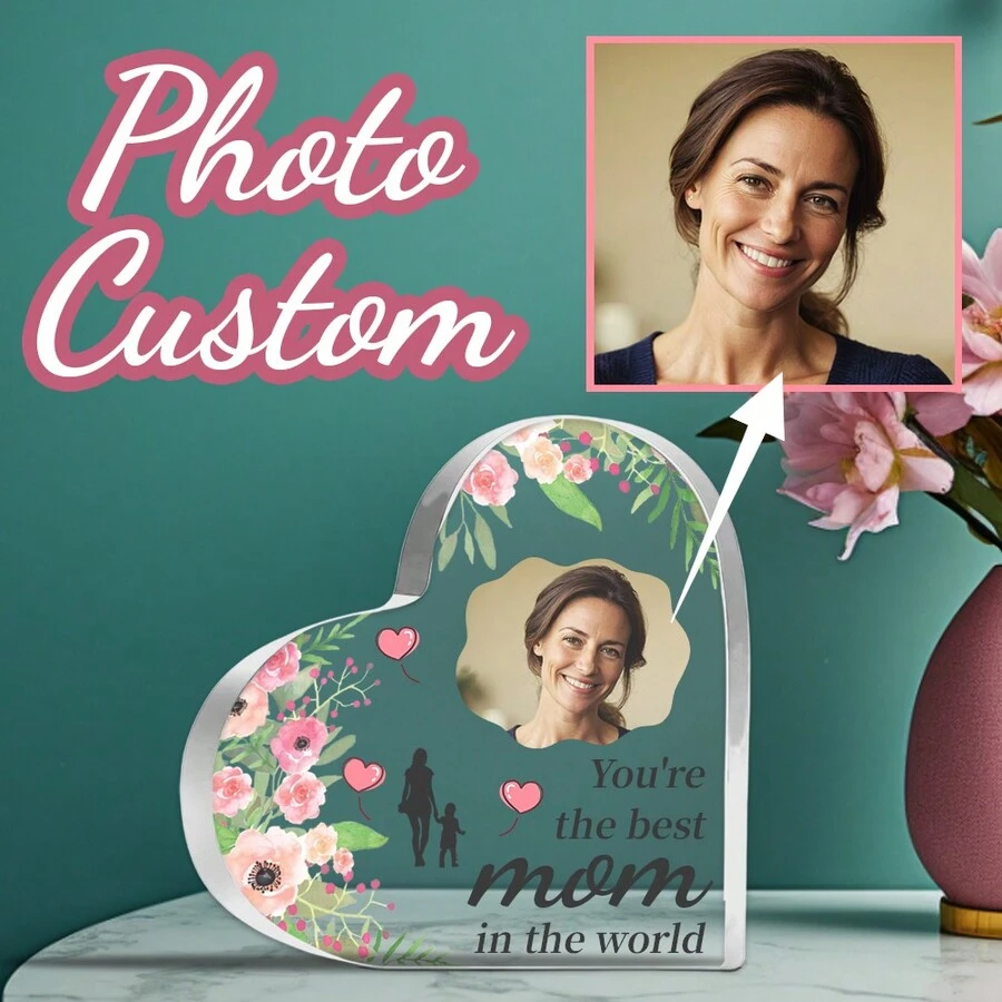 1 pieza Placa de acrílico en forma de corazón personalizada con fotos, regalos para hija e hijo para una gran mamá, mensaje "Eres la mejor madre del mundo", ideal para el Día de la Madre, decoración del hogar, la oficina y regalo de San Valentín y Fin de Año - Rosa - Ver 1