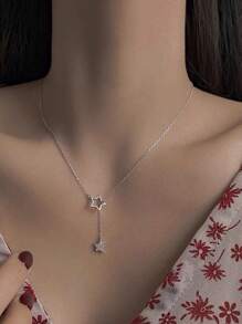 1pc S925 Sterling Silver Star Pendant Necklace With Tassel, Delicate Gift