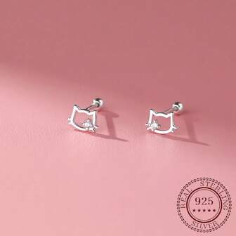 1 Pair Of S999 Silver Cat Shaped Ear Bones With  Screw Stud Earrings, Suitable For Female Students As Gift On Mother's Day