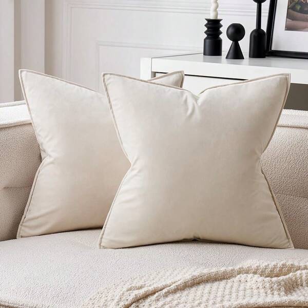 2pcs Nordic Simple Solid Color Fleece Fringed Pillow Covers (Pillow Insert Not Included), Square Cushion Covers, Holiday Home Decor, Soft & Cozy Linen-Like Fabric, Modern Sofa, Home & Dorm