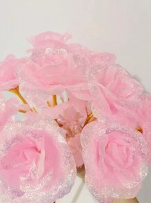 MEHELANY 10/4/1pc 人造玫瑰花配PVC花莖，粉色塑膠仿真花，浪漫全息花卉裝飾適用於居家與派對，家居裝飾、婚禮禮物、生日禮物、週年禮物，人造花卉布置（含亮粉） - 閃細粉-粉紅色 - 查看 3