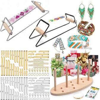 1 st järnpläterad stålpärlvävstol (utan pärlor), handgjord pärlvävstol DIY armbandsvävningsverktyg, smyckestillverkningspärlvävstol, pärlmaskin med enkel metallram (silver, svart, valfritt), DIY-rostestöd, rosetttillverkningsverktyg, multifunktionell dubbelsidig trärosétillverkare för högtider