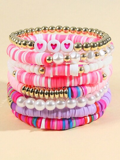 8pcs Bohemian Style Random Colorful Rainbow Faux Pearl Heart Beaded Clay Bracelet Set For Girls