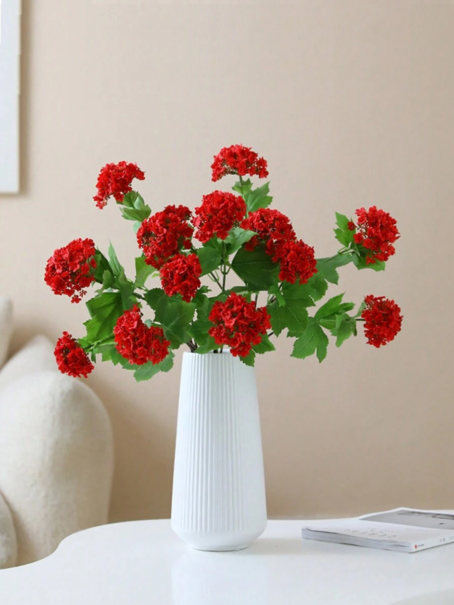 1 pieza de rama larga de simulación artificial con 3 cabezas de flor en bola bordada para la decoración del hogar - Rojo - Ver 1