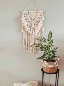 1入組波希米亞風格鏢形鉤織壁掛掛毯，適用於現代農舍、臥室、幼兒園、婚禮、派對等背景裝飾 - 米色 - 查看 5