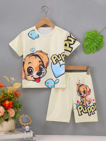 Young Boy Summer Beige T-Shirt + Shorts Animal Digital Print Outdoor Casual Clothing