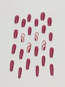 24pcs Pearl Pink & Rose Red Summer Style Short Wear Nail Art Stickers With Jelly Gel And Nail File Press On Nails Nail Supplies