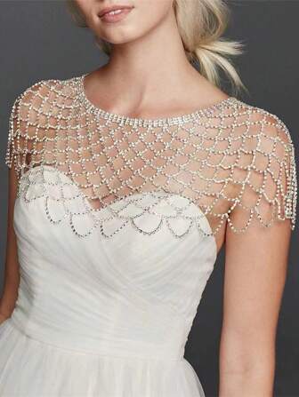 1pc Fashionable Rhinestone Mesh Hollow Out Shoulder Chain, Luxurious Crystal Fringe Shawl Wrap With Gift Box For Women, Suitable For Wedding, Party